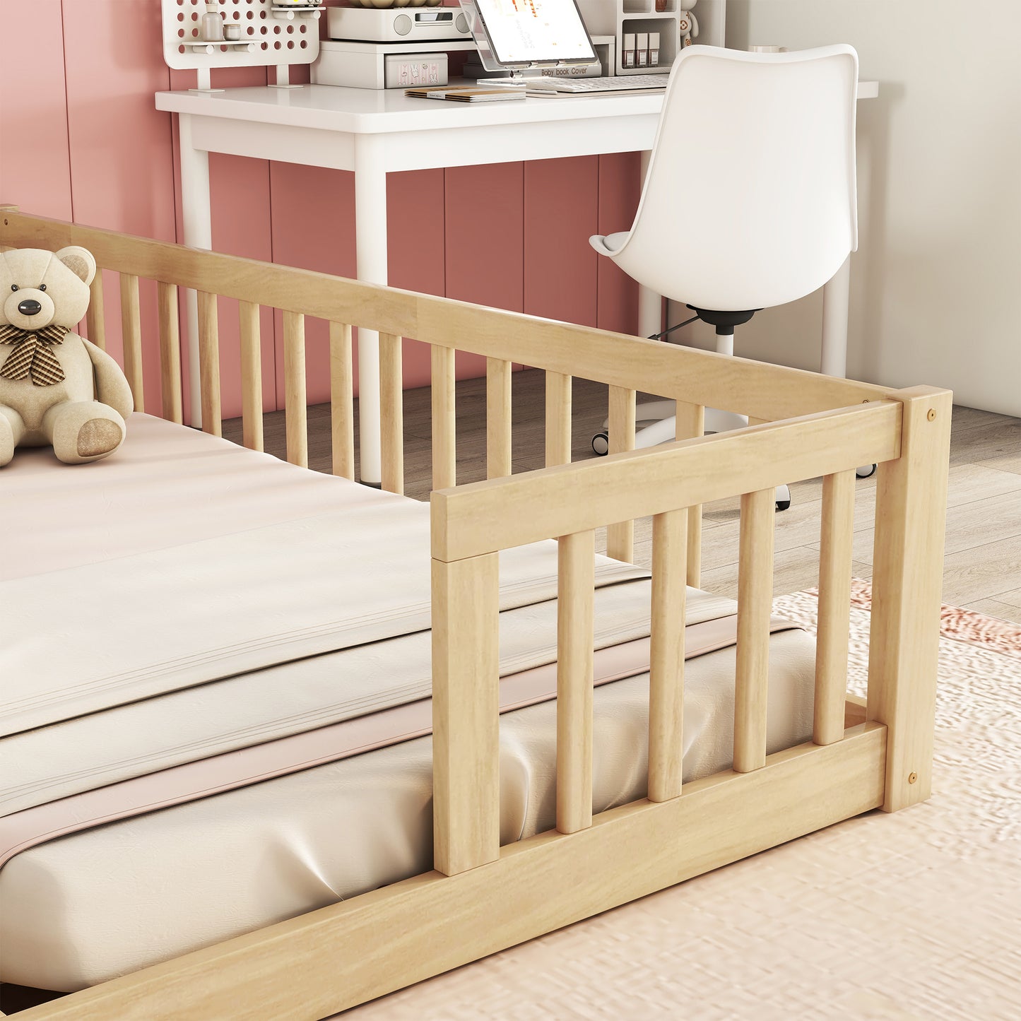 Natural pine wood toddler bed frame with safety rails