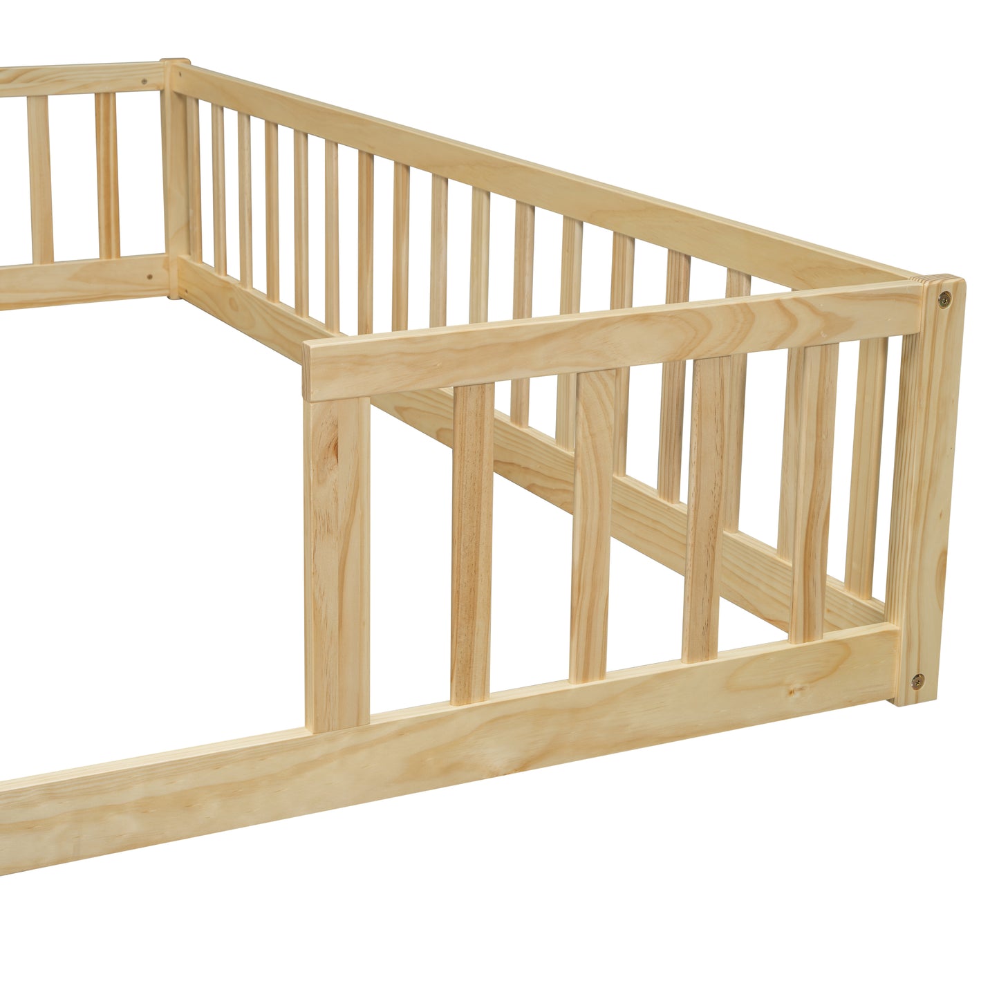 Natural pine wood toddler bed frame with safety rails