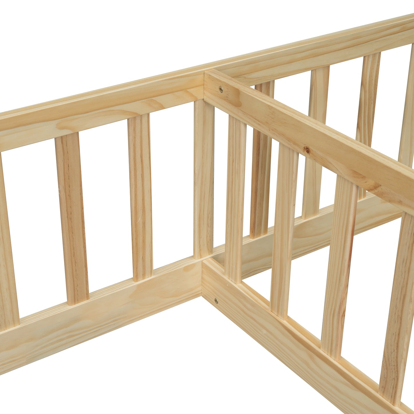 Natural pine wood bed frame corner with slatted design perfect for kids bedroom furniture