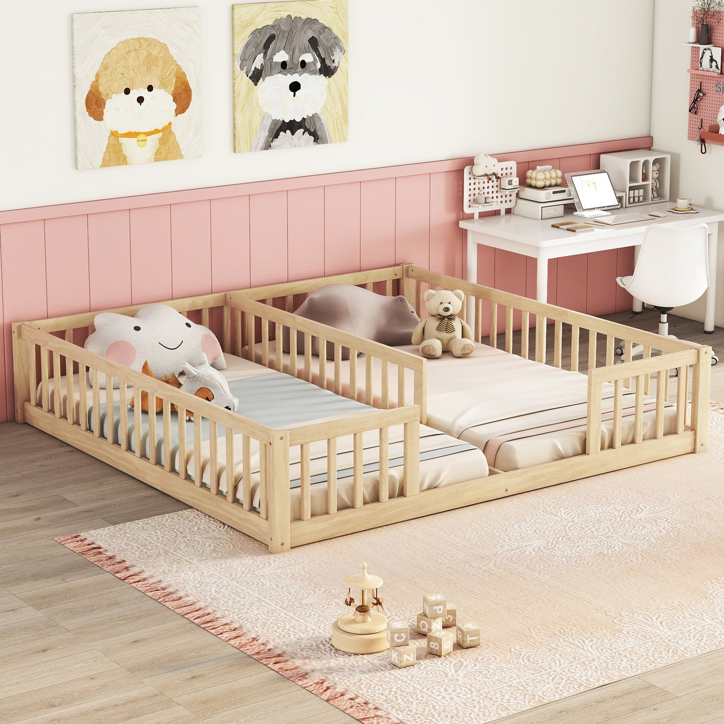 Natural pine wood toddler bed with guardrails perfect for childrens bedrooms