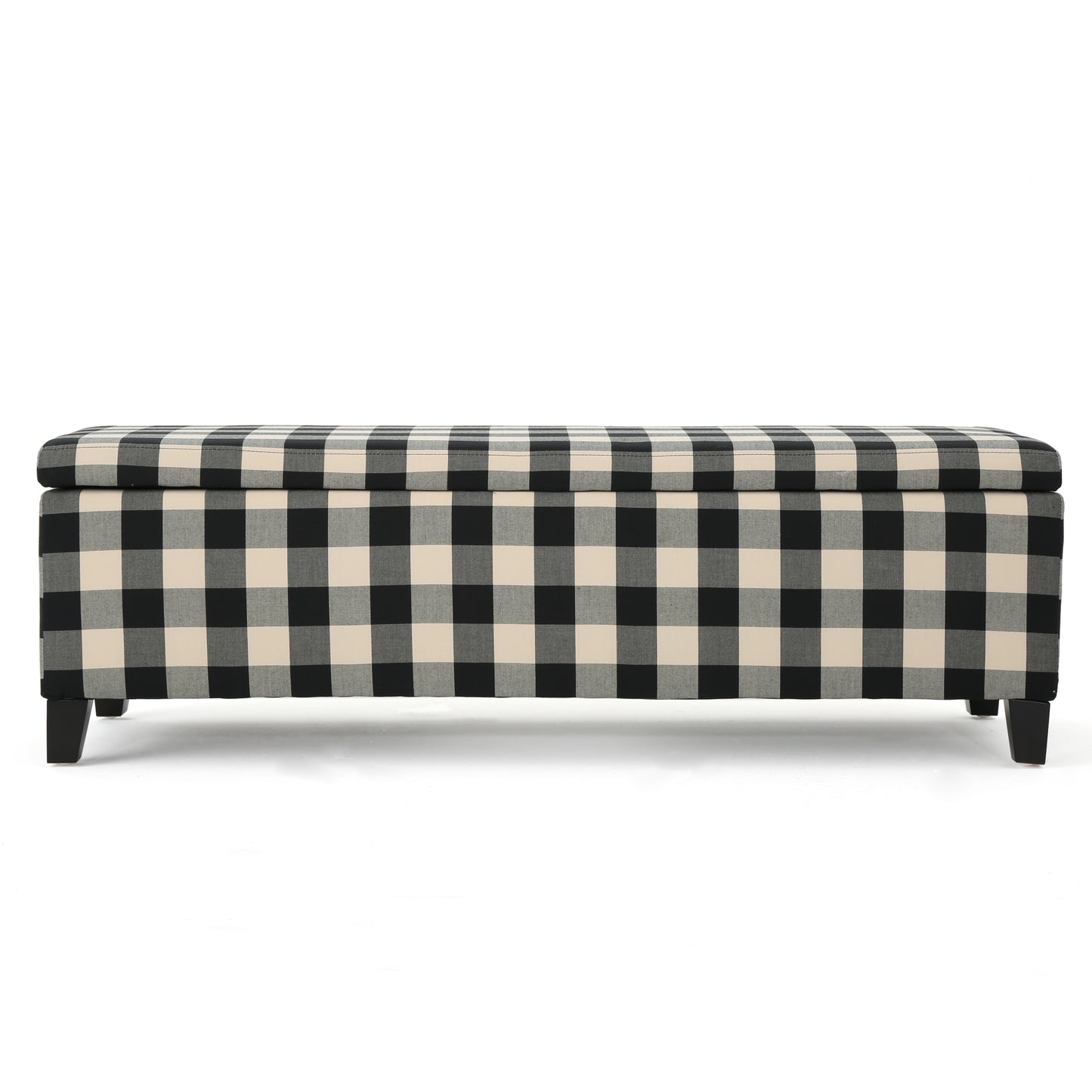 Black and white buffalo check storage ottoman with tapered legs