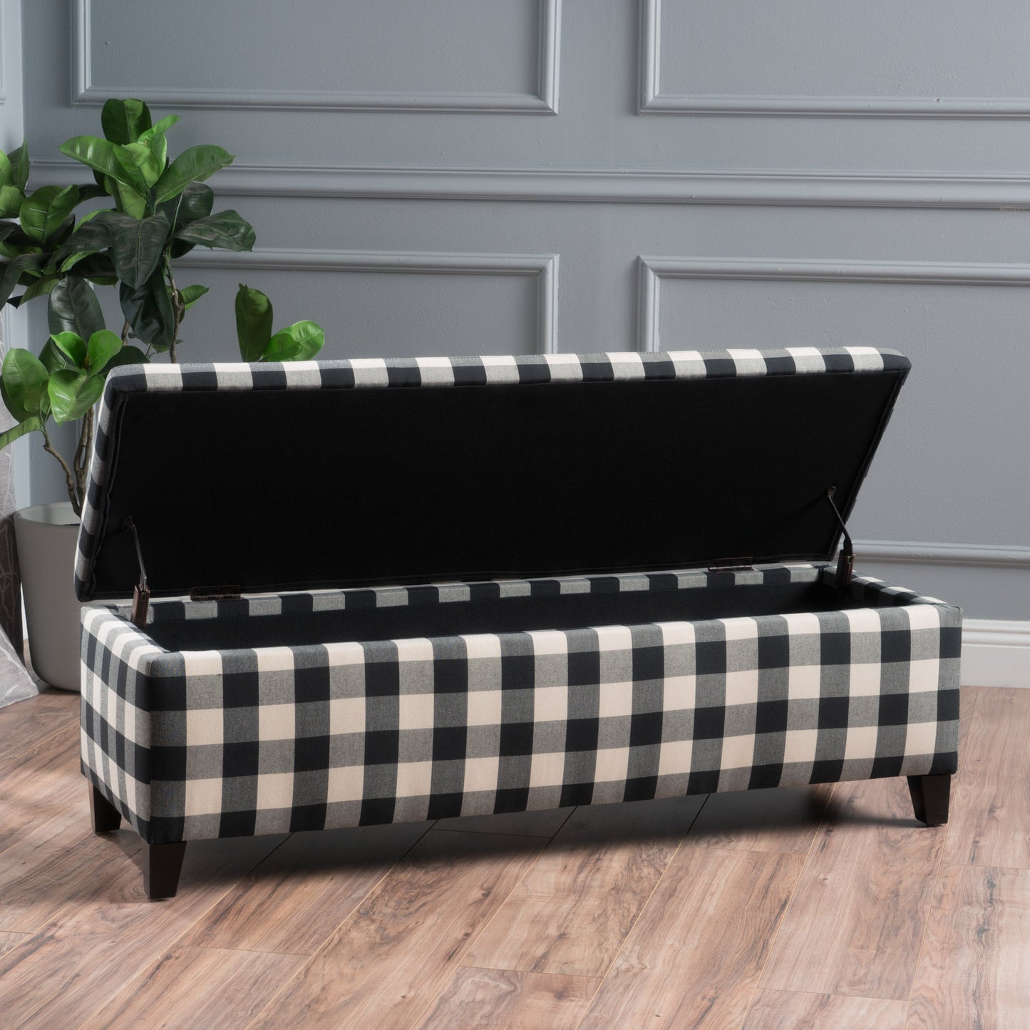 Buffalo plaid storage bench with open lid