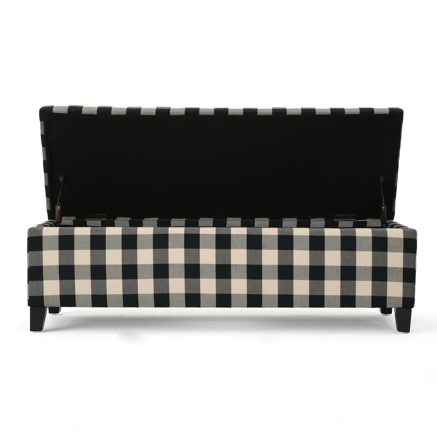 Black and white buffalo plaid storage bench with lid open