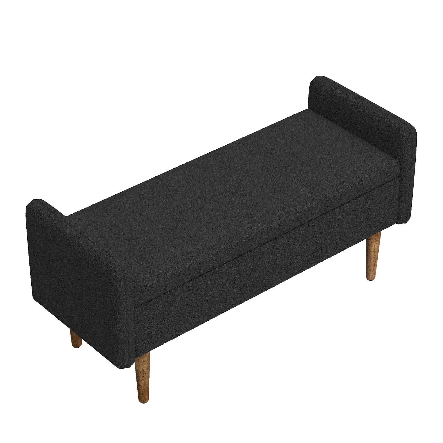 Black fabric storage bench with tapered wooden legs