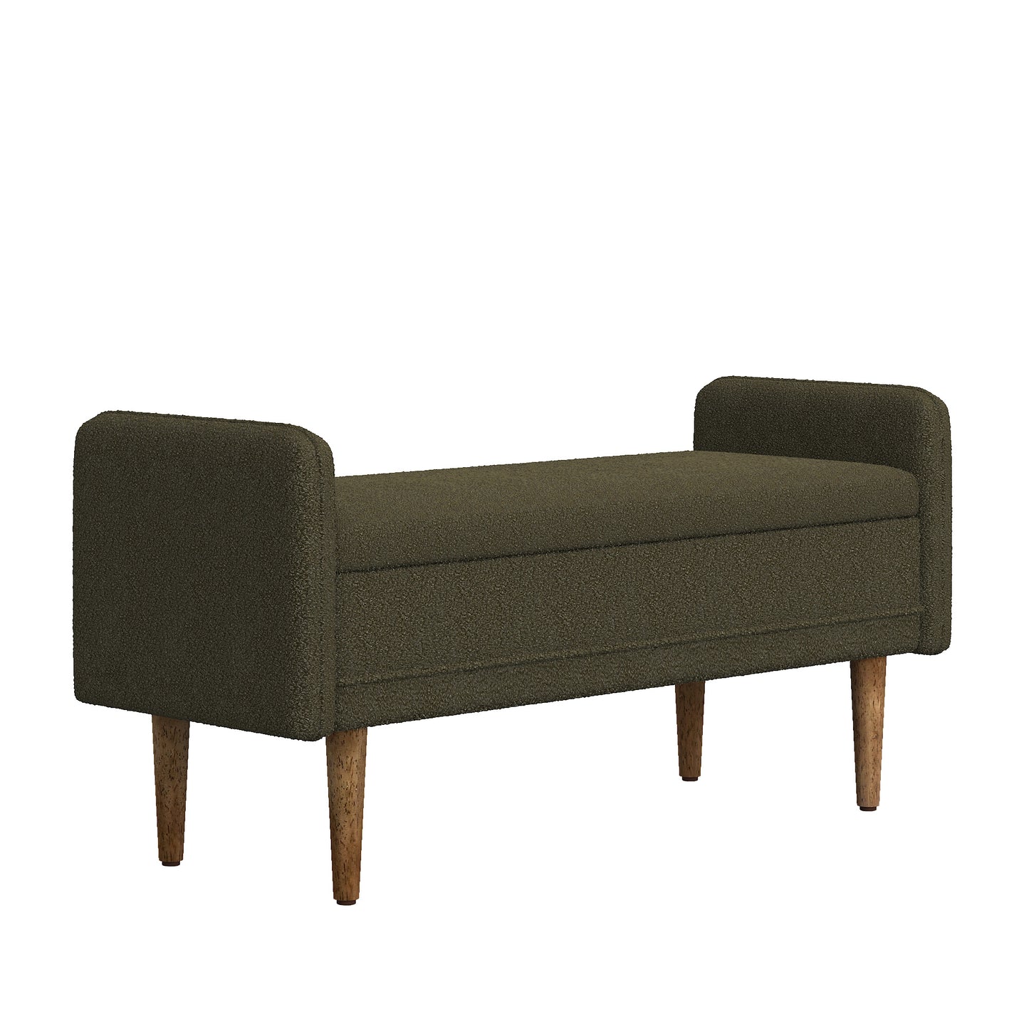 Upholstered storage bench in dark olive boucle fabric with tapered wooden legs