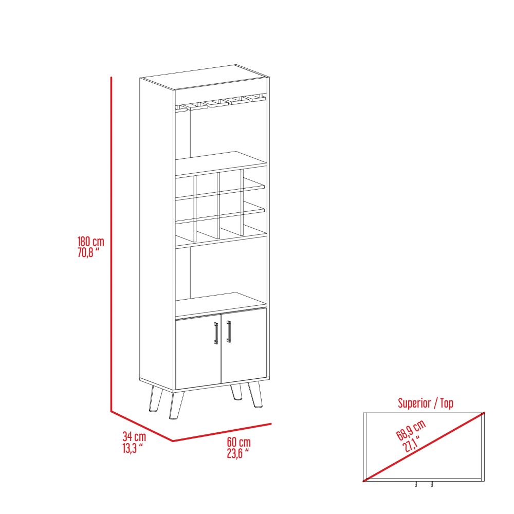 Tall white shelving unit with wine rack and cabinet