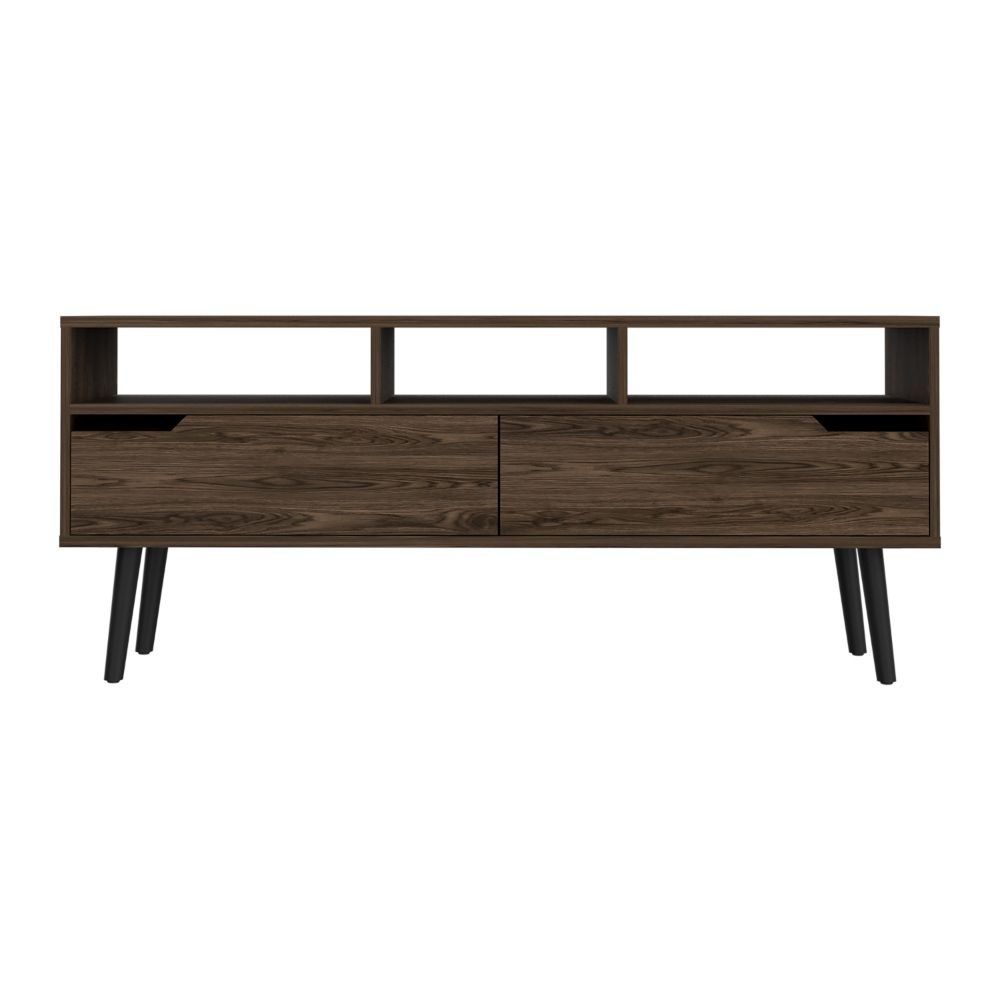 Dark wood media console with two drawers and three open shelves