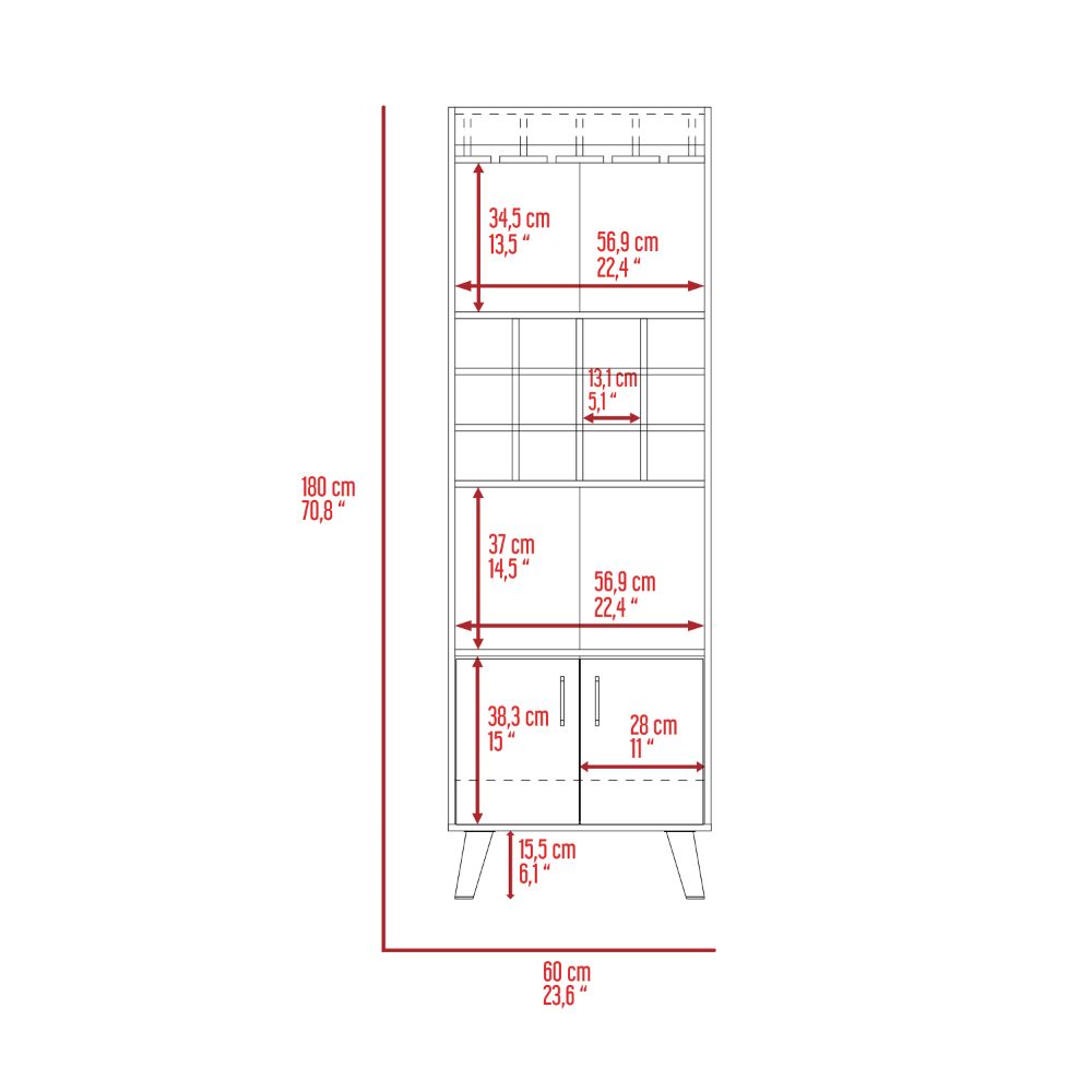 Tall bookshelf dimensions diagram with cm and inch measurements