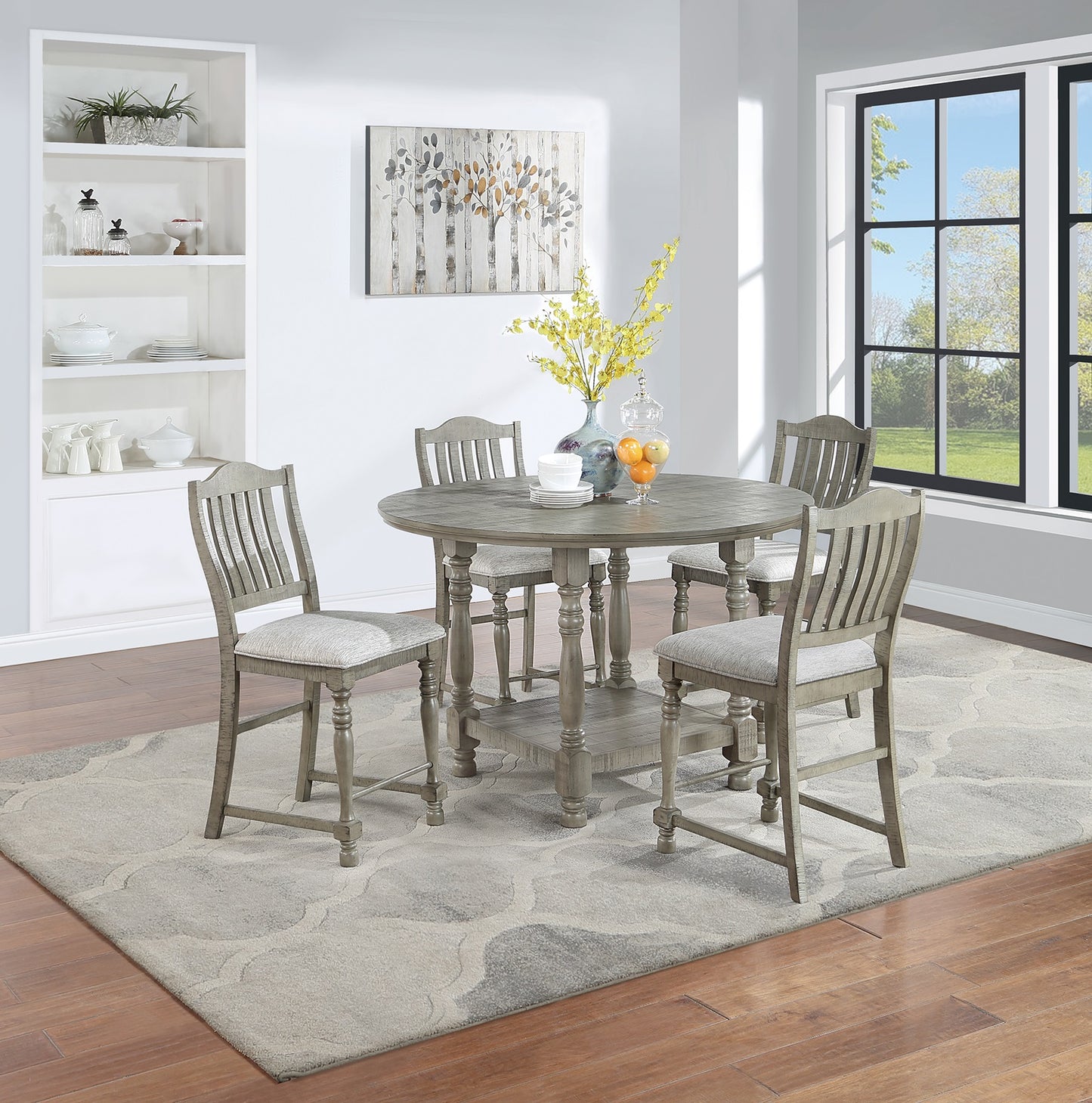 Rustic gray wood counter height dining set with four upholstered chairs