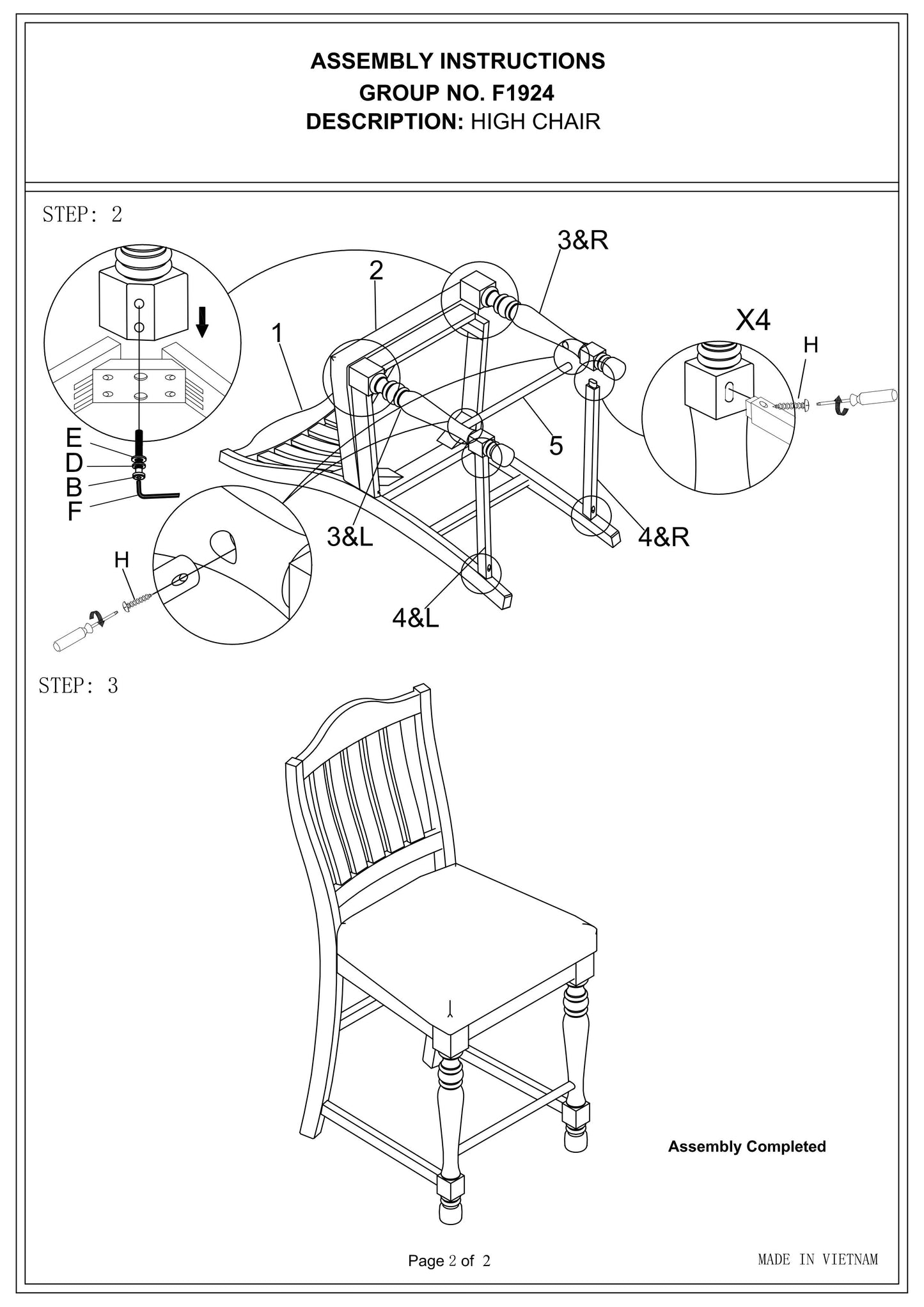 Line drawing showing step of high chair assembly with hardware