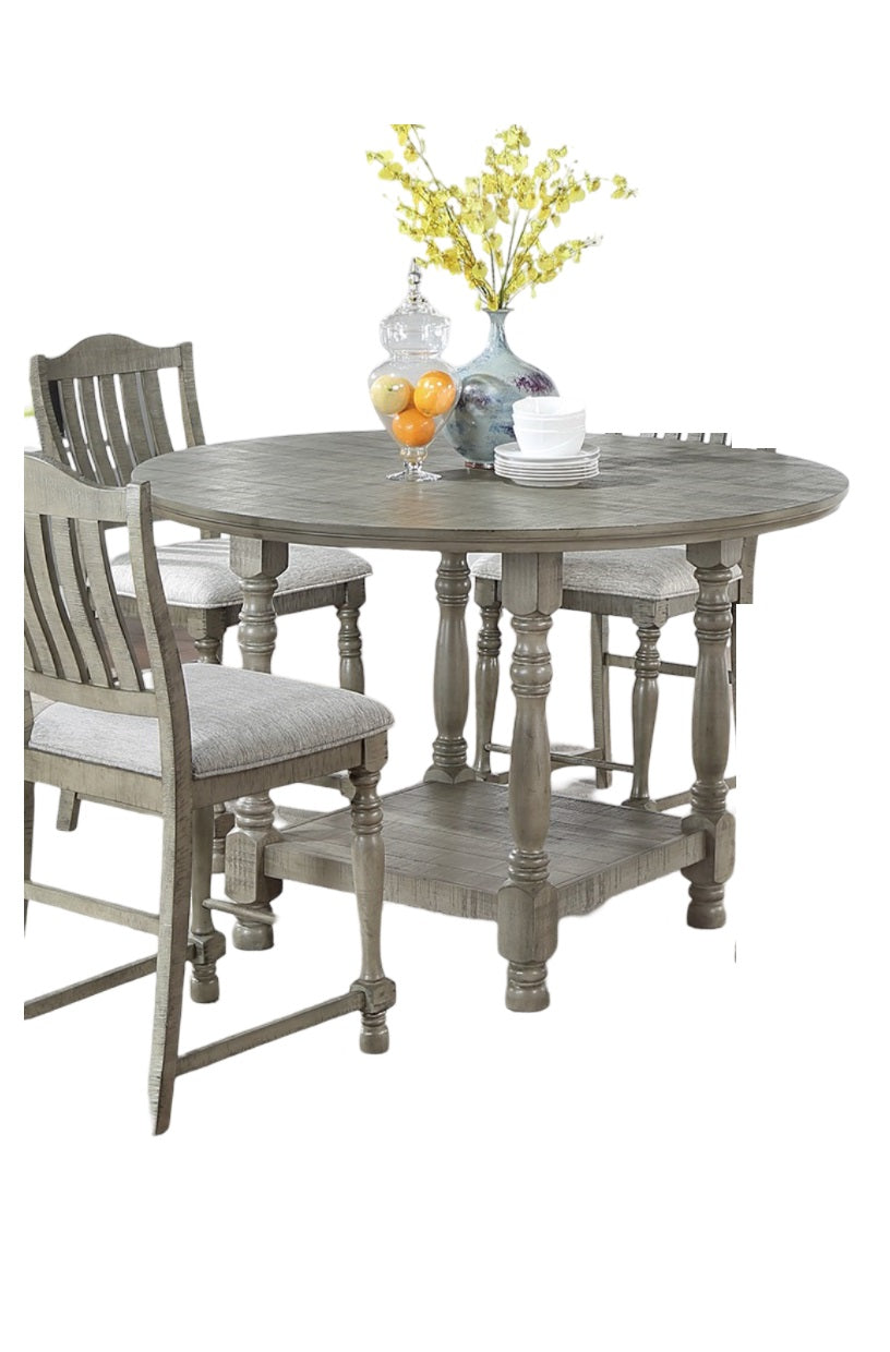 Gray distressed wood dining table with upholstered stools