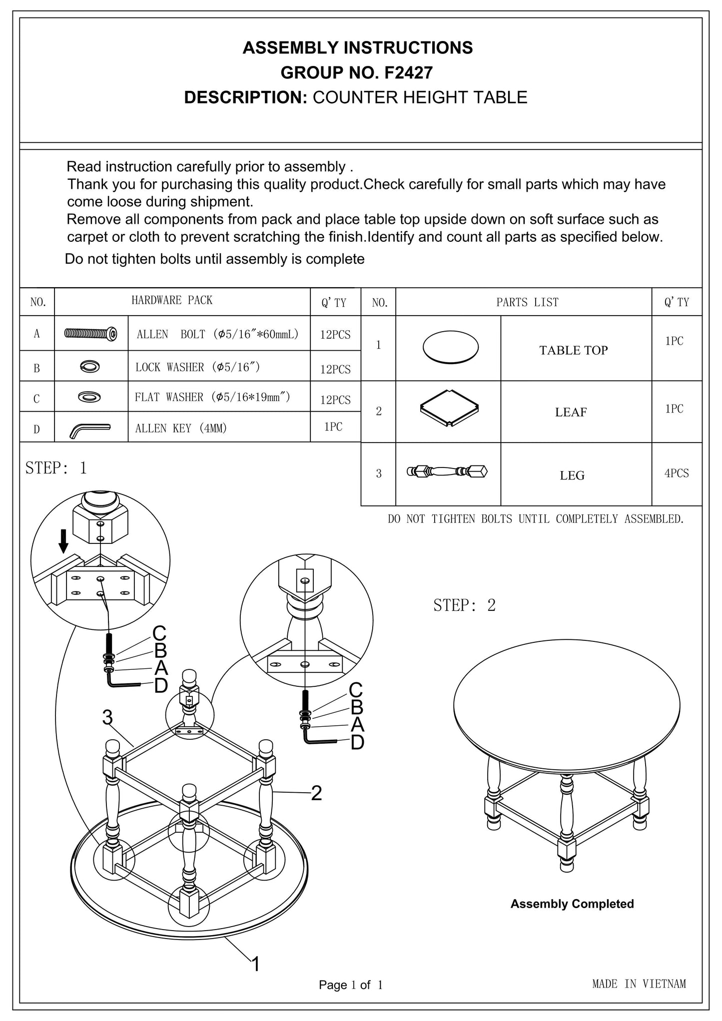 Allen bolt hardware for counter height table assembly
