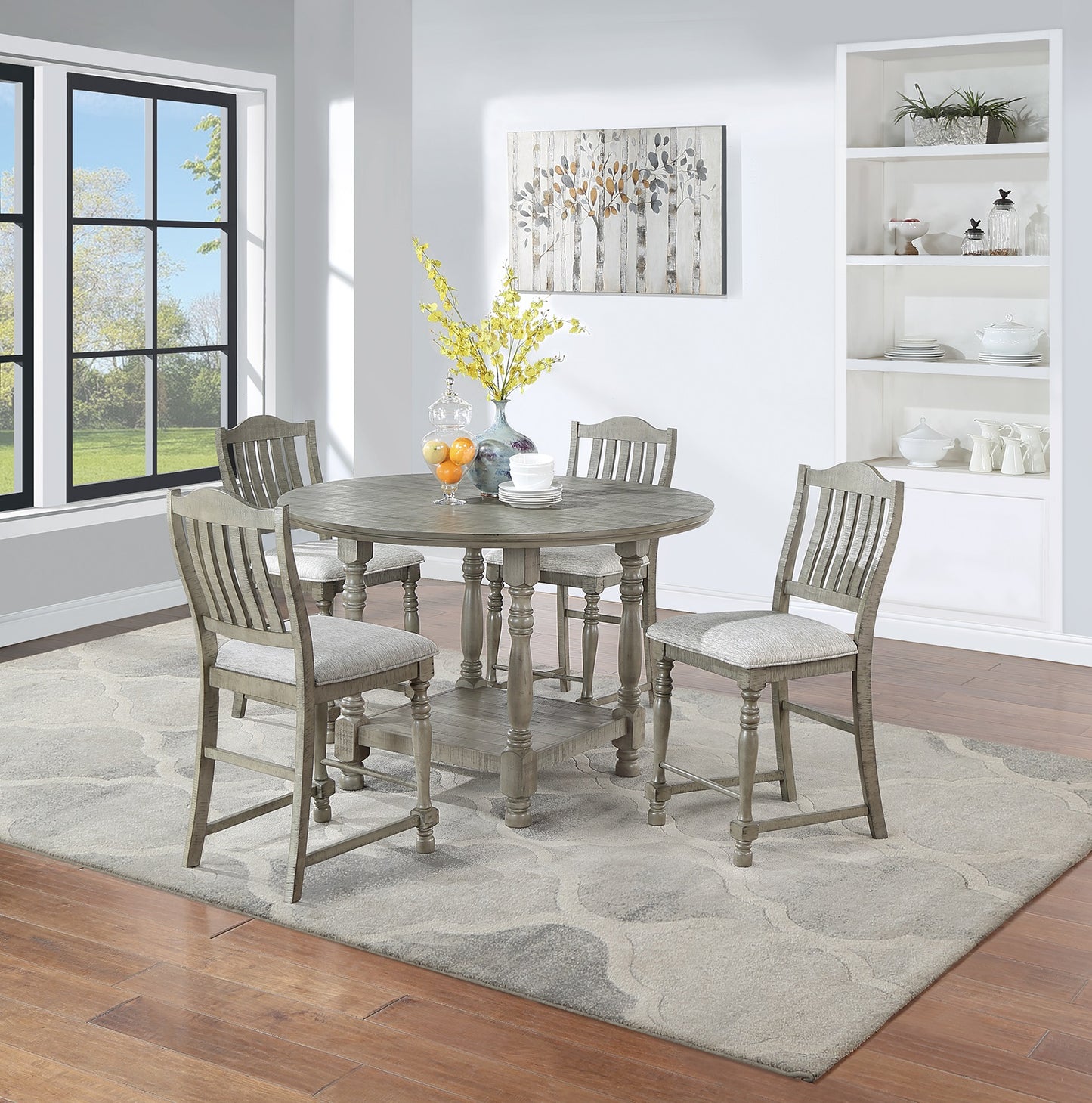 Gray rustic counter height dining table with four chairs