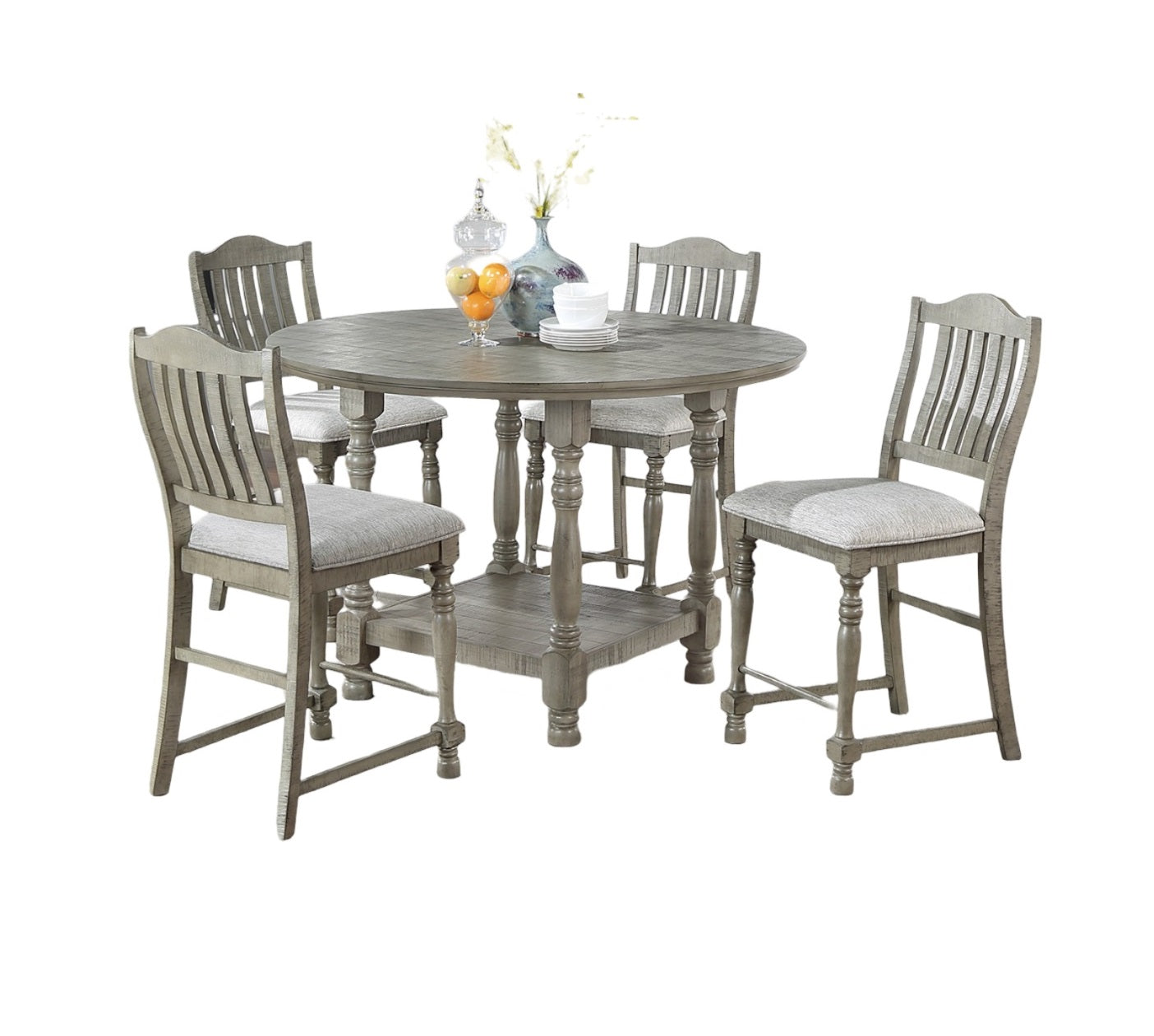 Gray wood counter height dining set with four slatted back chairs and round table
