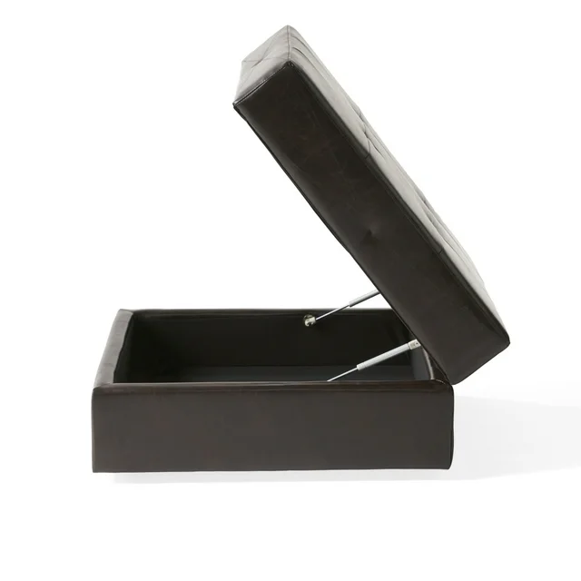 Dark brown faux leather storage ottoman with lifttop and tufted details