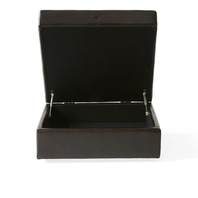 Dark brown faux leather storage ottoman with lid open