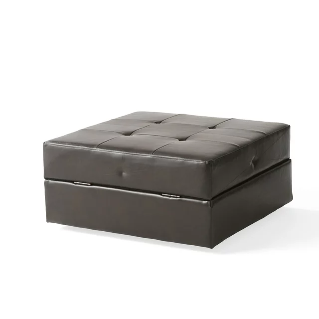Dark brown tufted leather storage ottoman with hinged lid