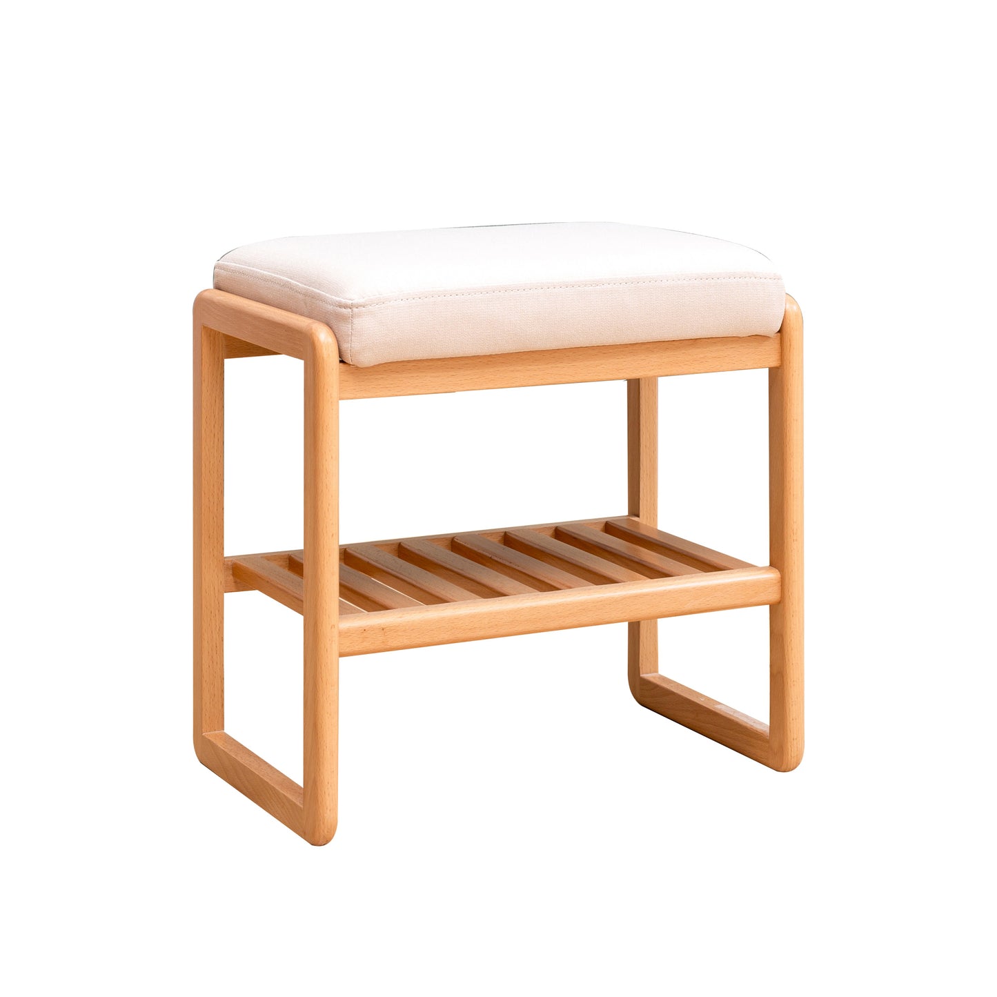 Natural wood shoe bench with white cushioned seat