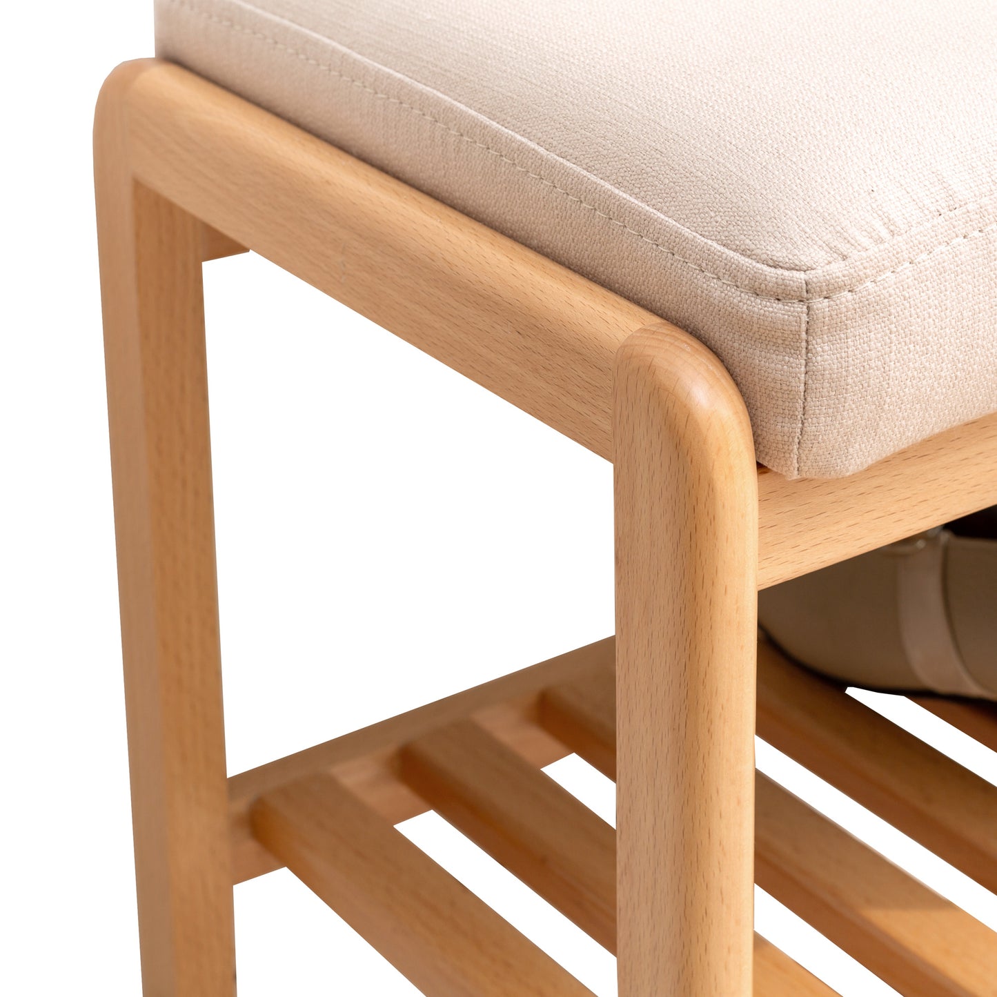 Natural wood shoe rack with cushioned seat