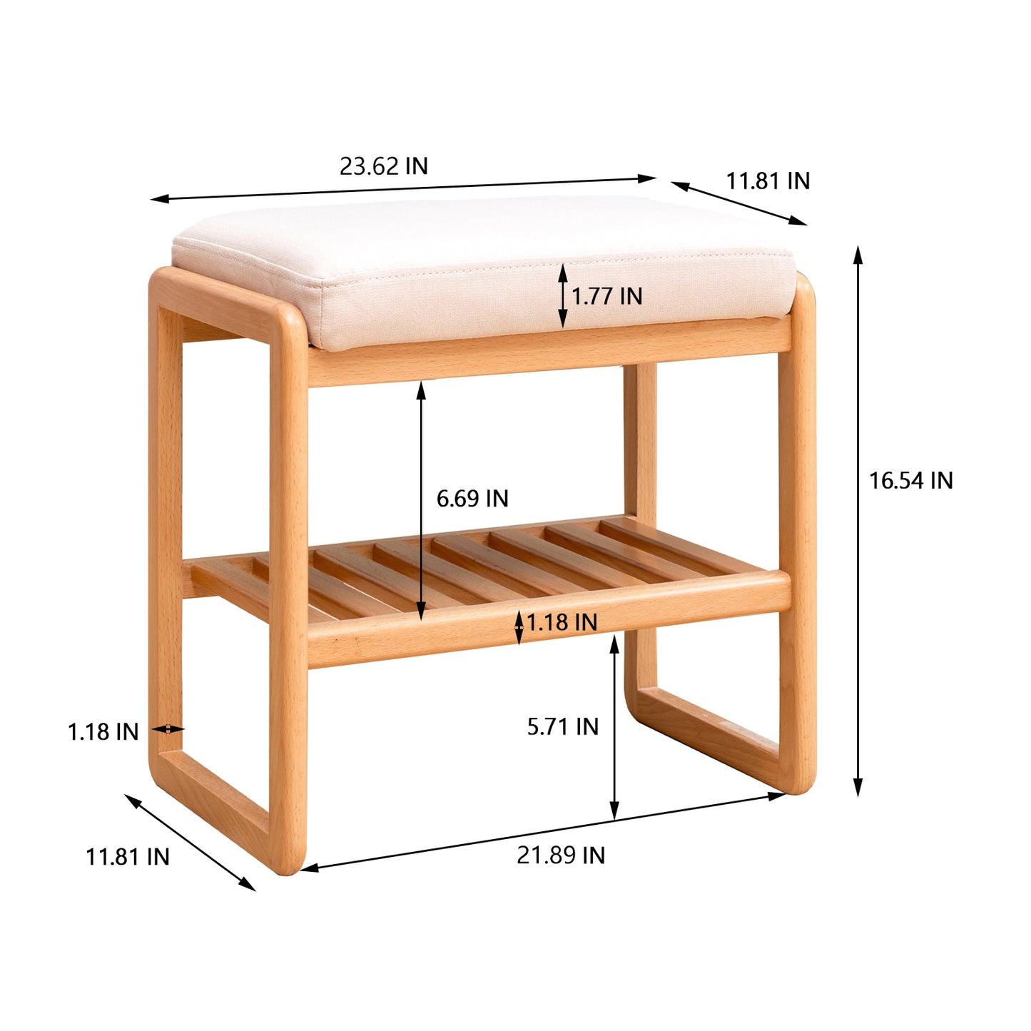 Lightweight wooden entryway bench with cushioned seat and shoe rack