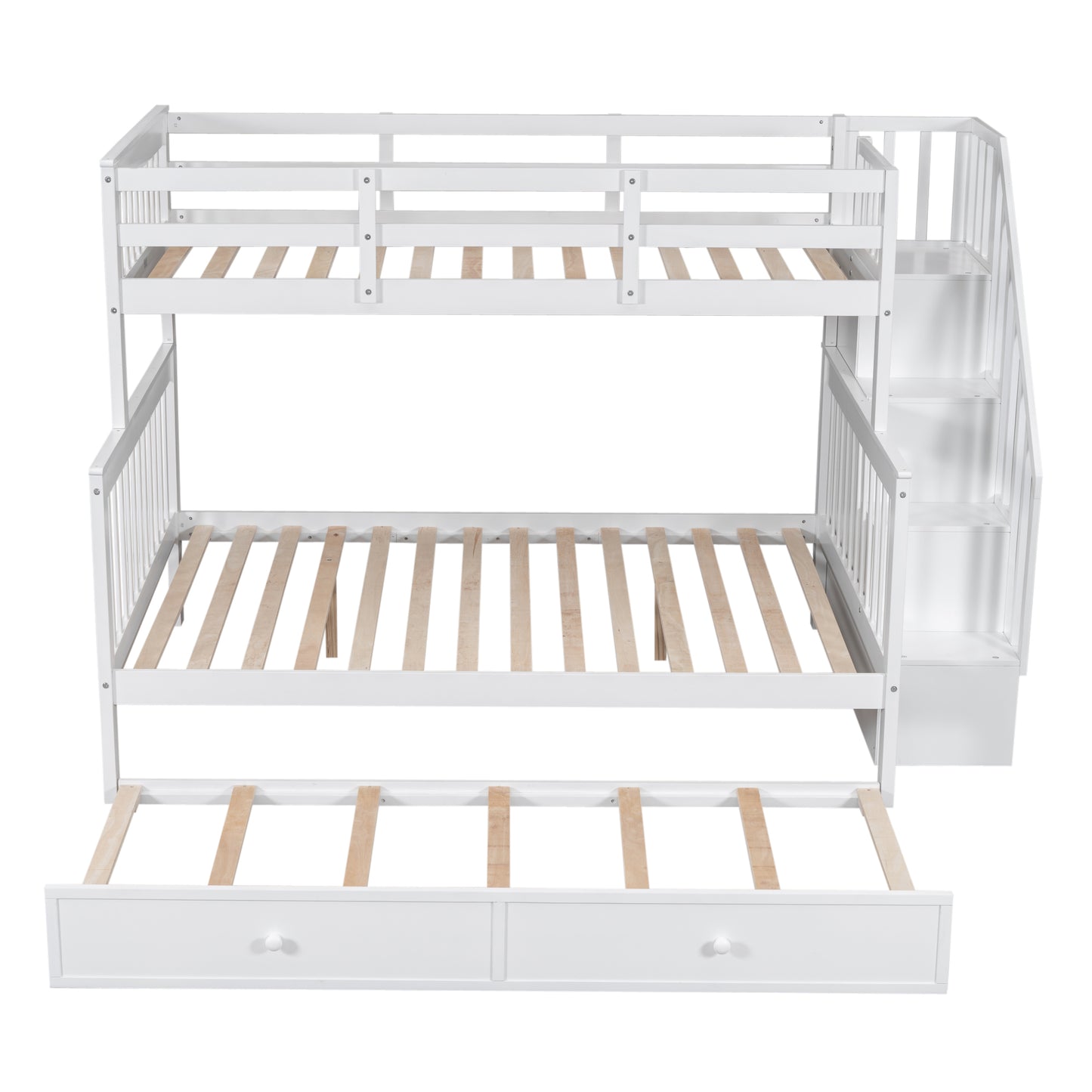 White wood triple bunk bed with stairs and storage drawers