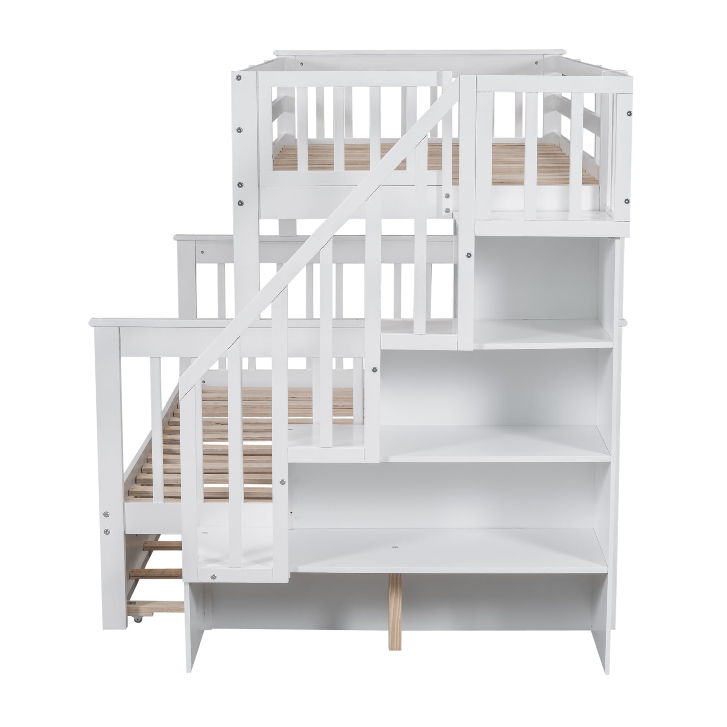 White wooden loft bed with integrated stairs and shelving