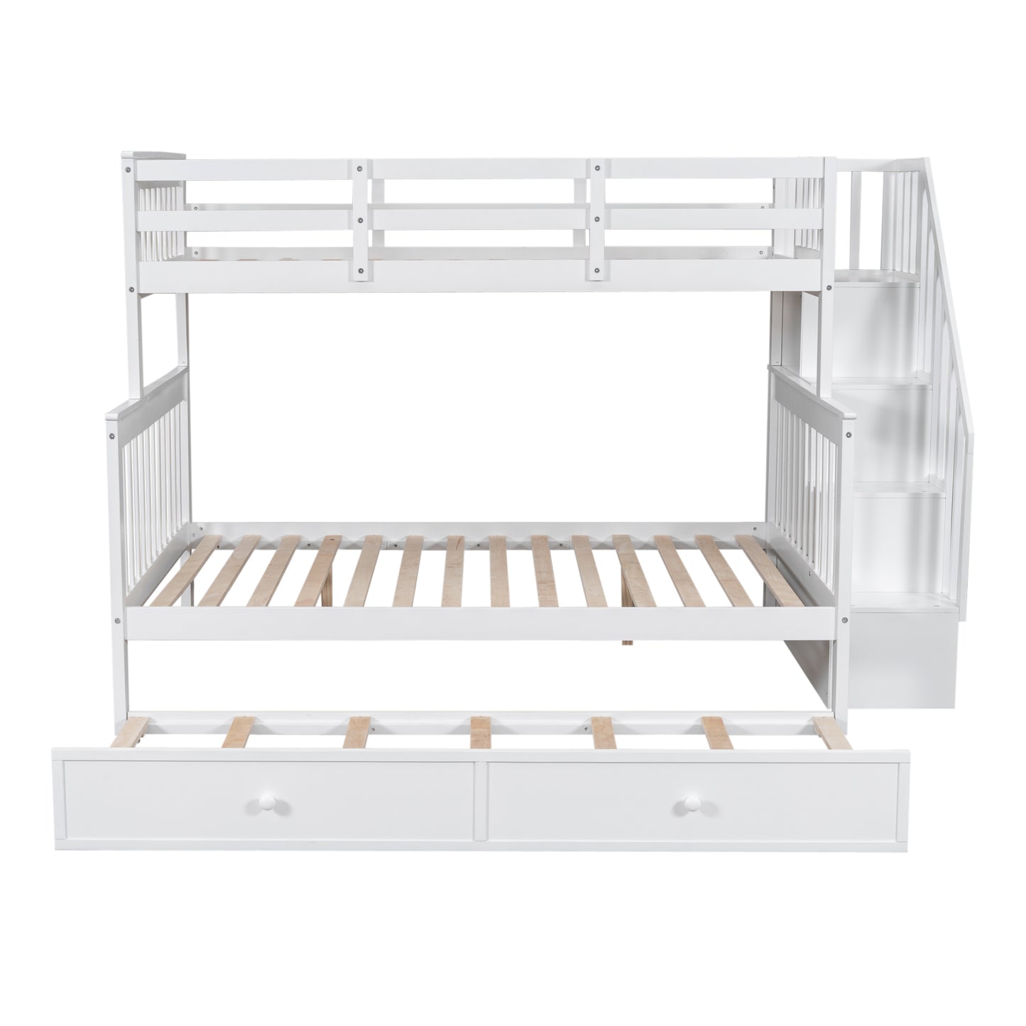 White wooden twin over twin bunk bed with stairs and drawers