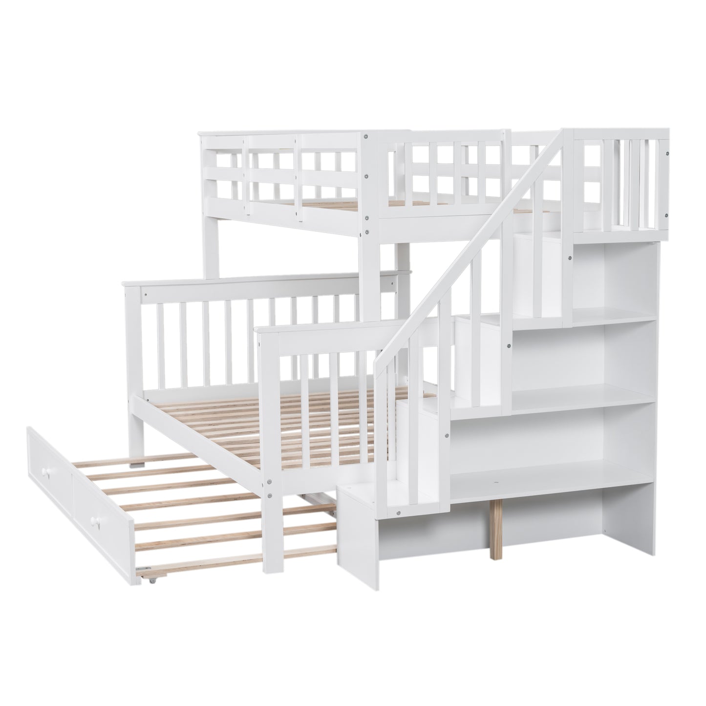 White wooden triple bunk bed with stairs and storage drawers