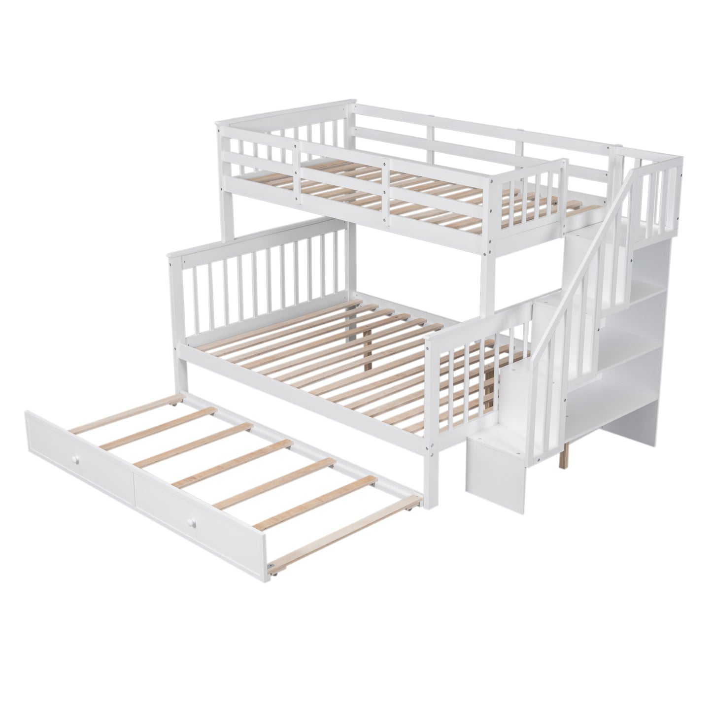 White triple bunk bed with staircase and trundle