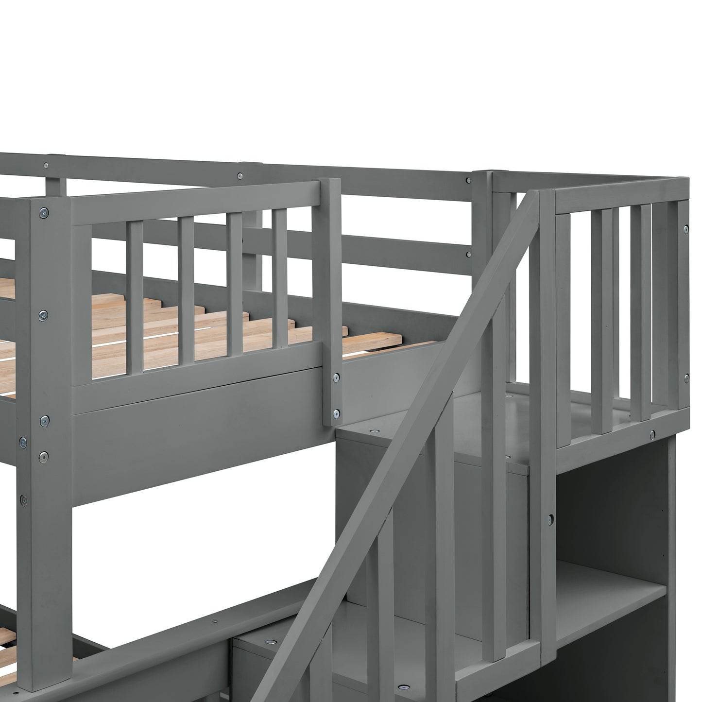 Gray wooden loft bed with builtin storage stairs