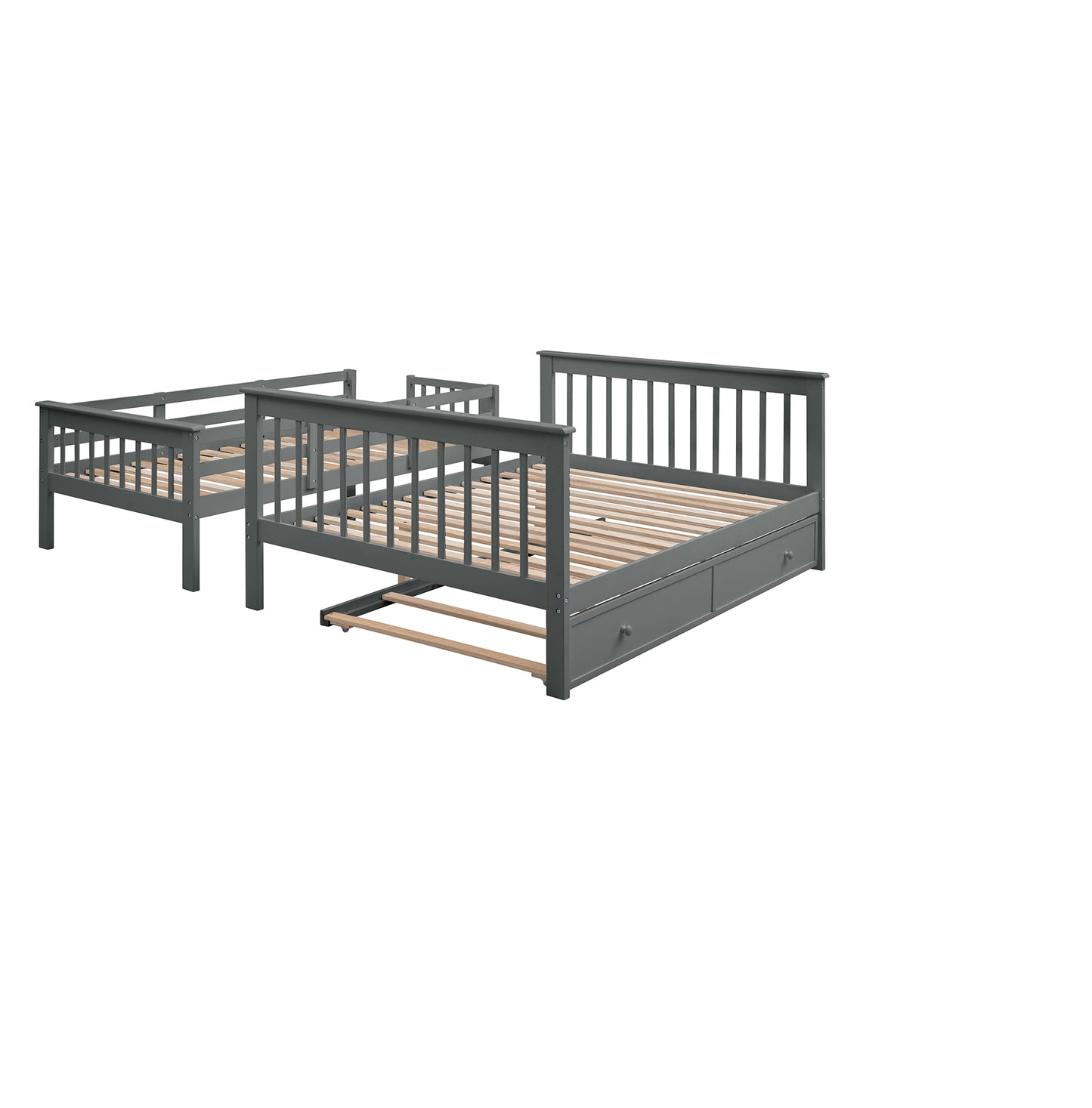 Gray wooden twin bed frame with pullout trundle and drawers