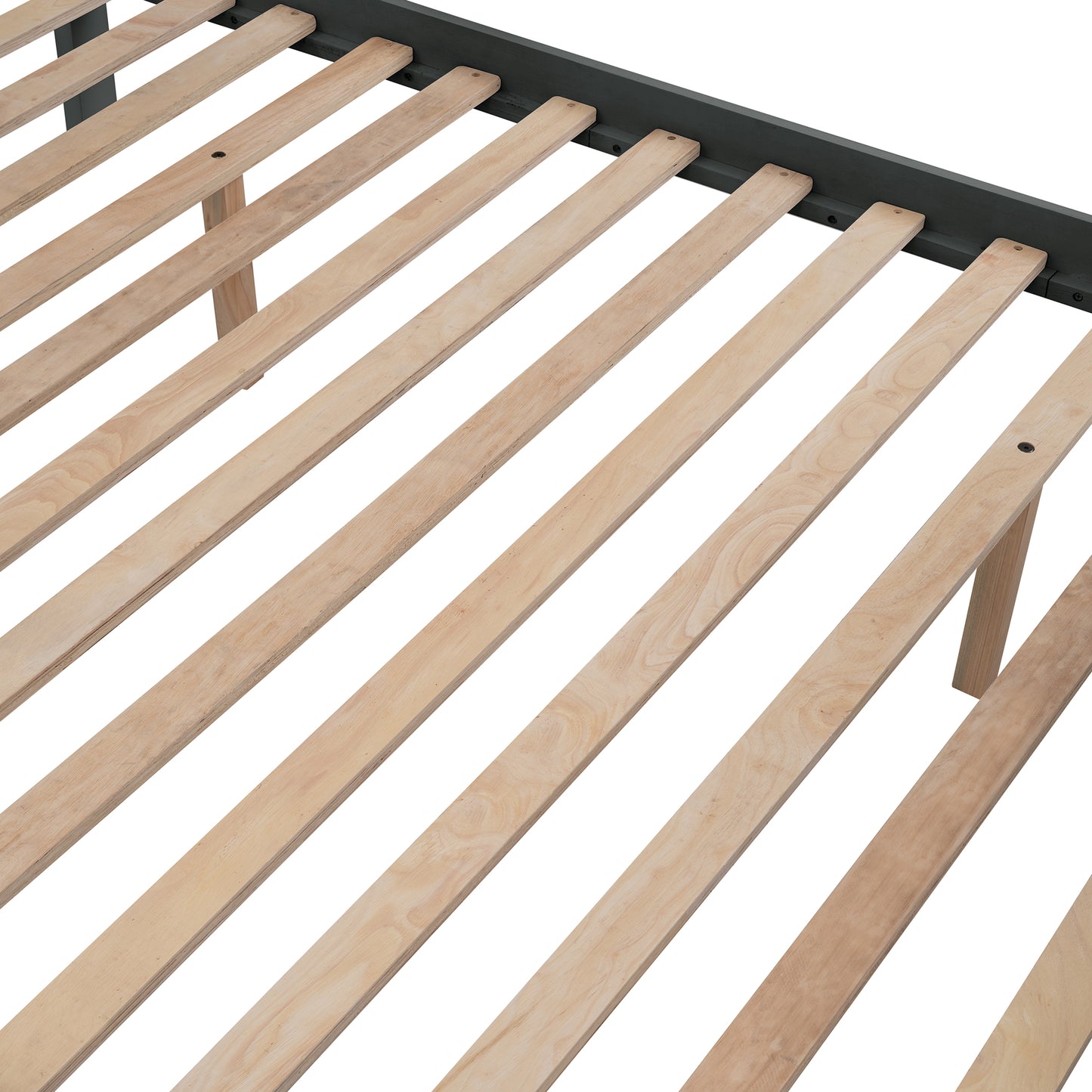 Closeup of a dark grey metal bed frame with natural wood slats