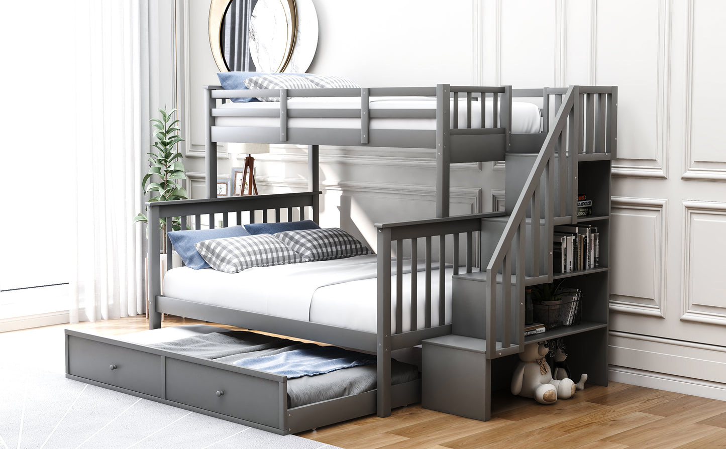 Gray wooden bunk bed with staircase and trundle drawer