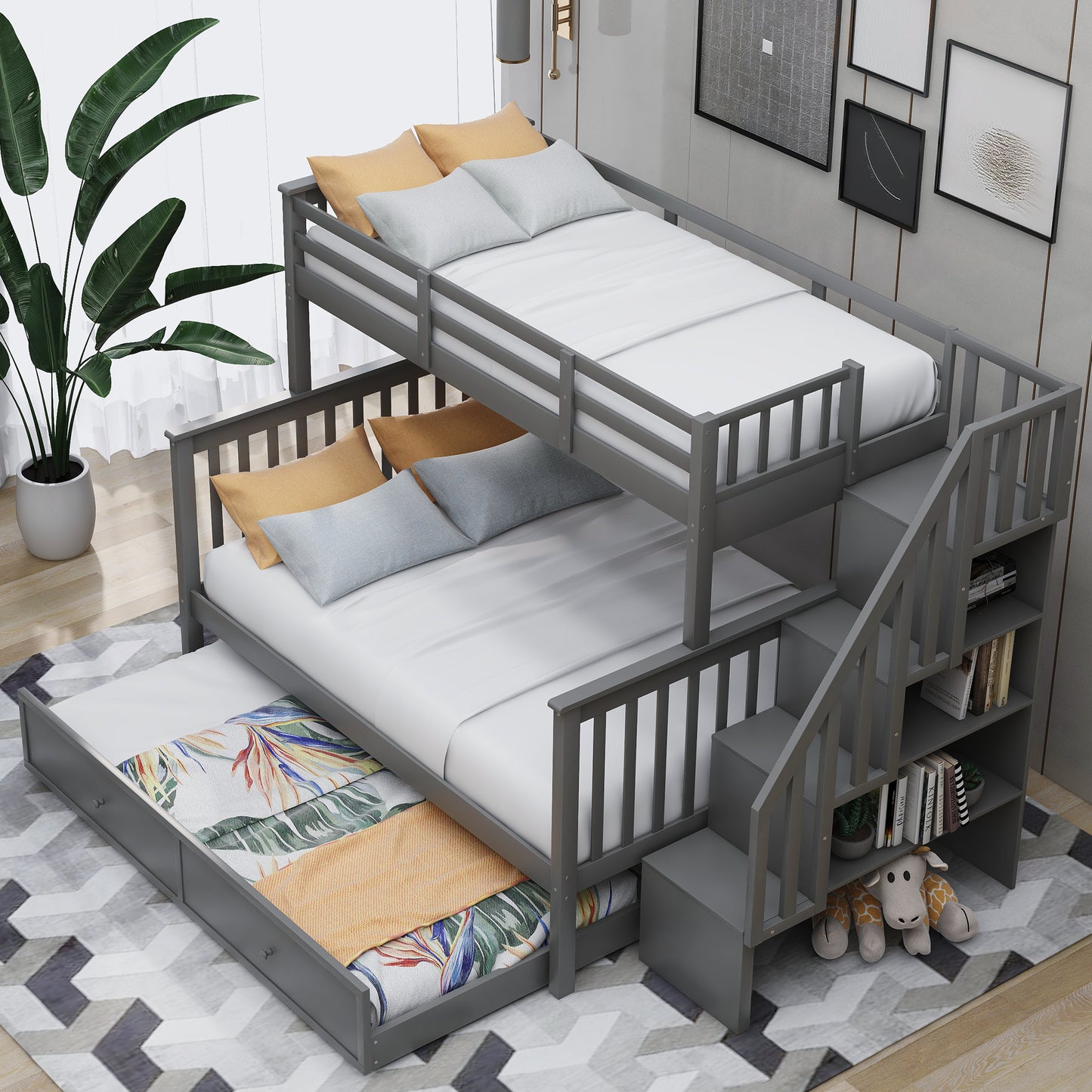 Gray wooden triple bunk bed with trundle and storage stairs