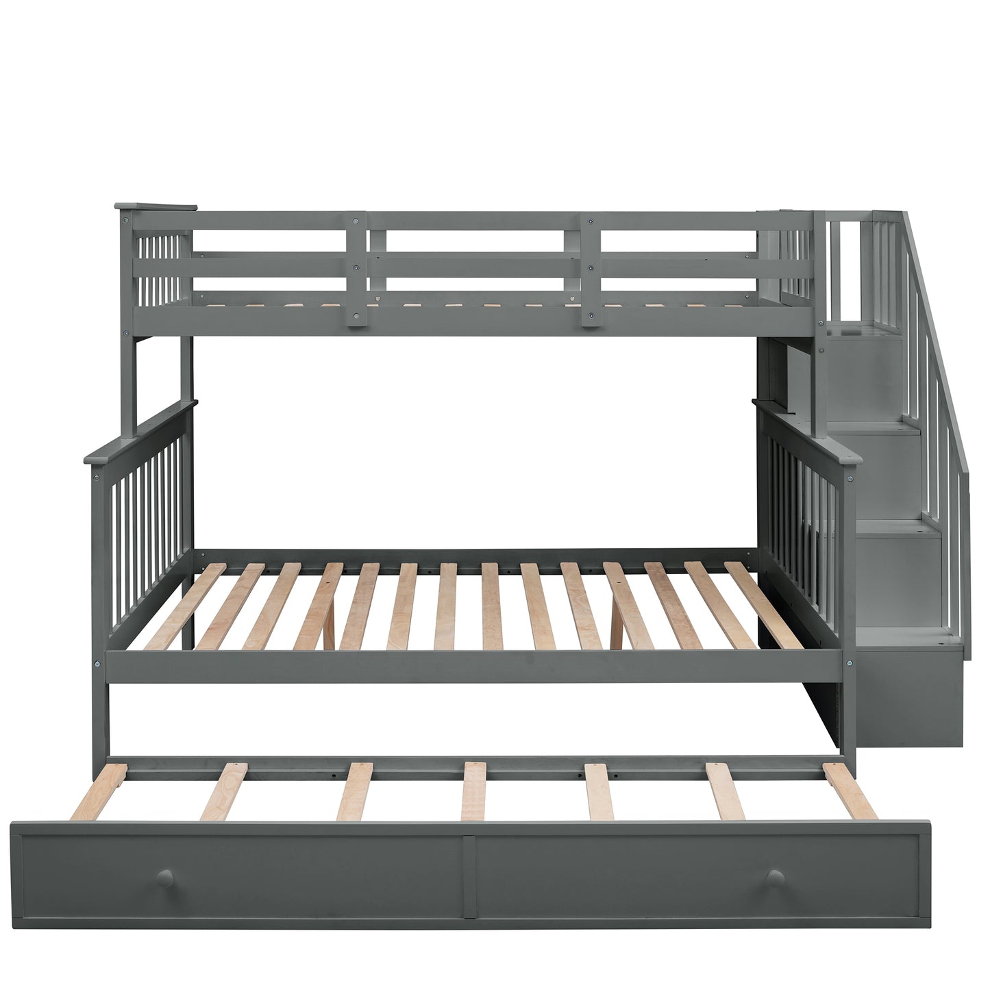 Gray wooden triple bunk bed with stairs and pullout trundle