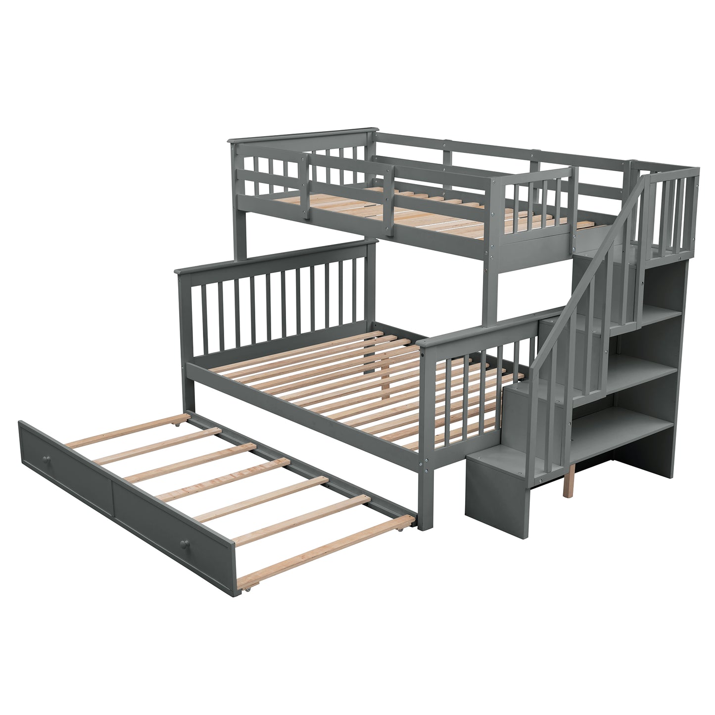 Gray wooden bunk bed with stairs and trundle