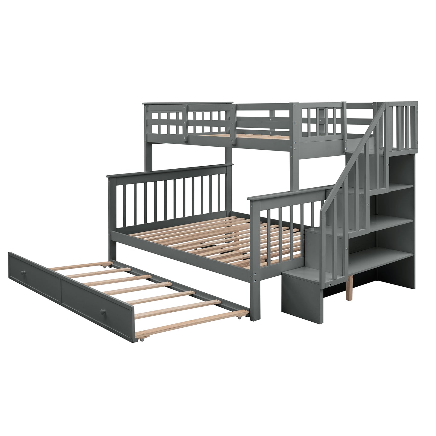 Gray wooden triple bunk bed with stairs and pullout trundle