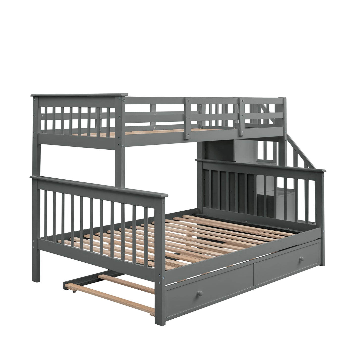 Gray wooden triple bunk bed with stairs and storage drawers