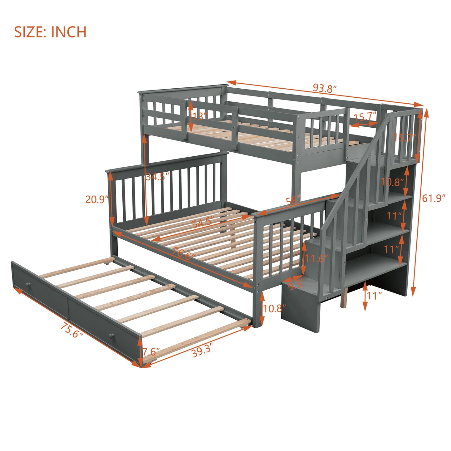 Gray wood triple bunk bed with stairs and pullout trundle