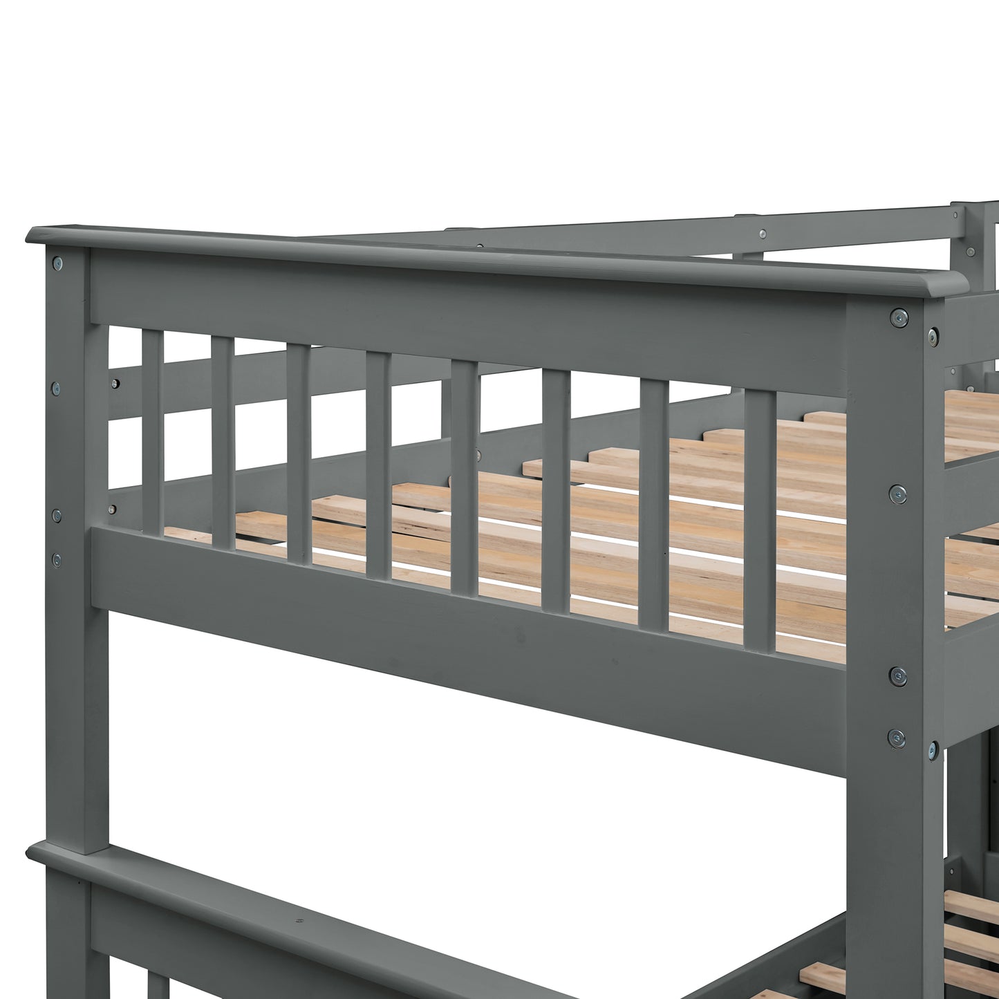 Grey wooden bunk bed frame with slatted base