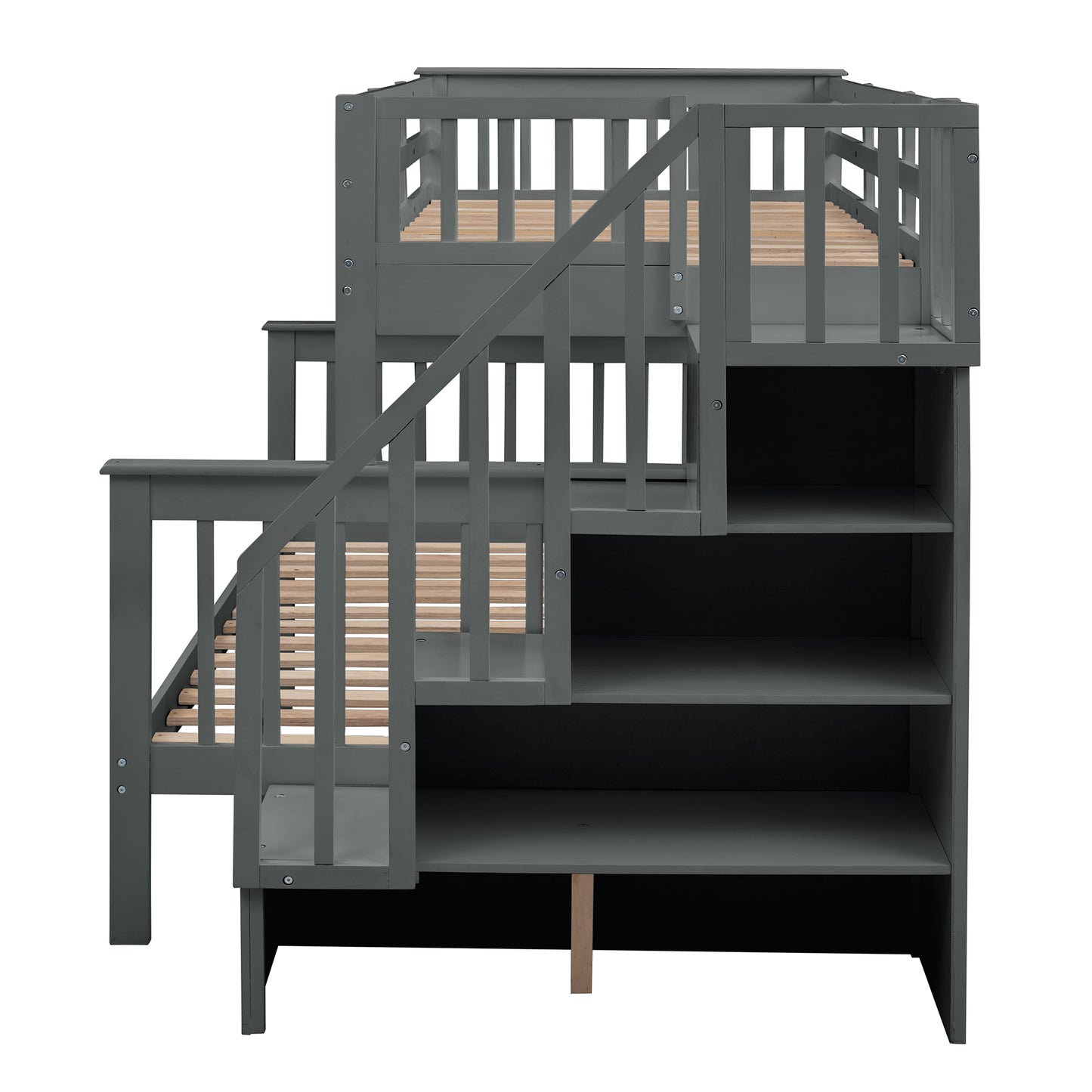 Gray wooden loft bed with integrated stairs and shelves