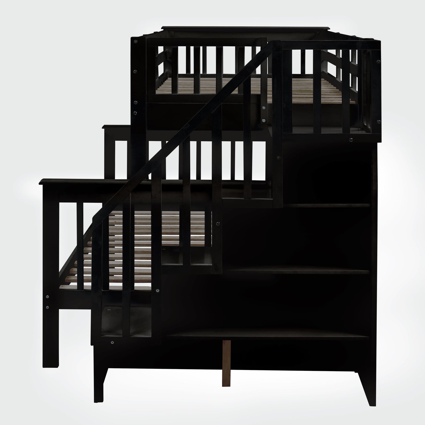 Black wooden loft bed with integrated staircase and shelves