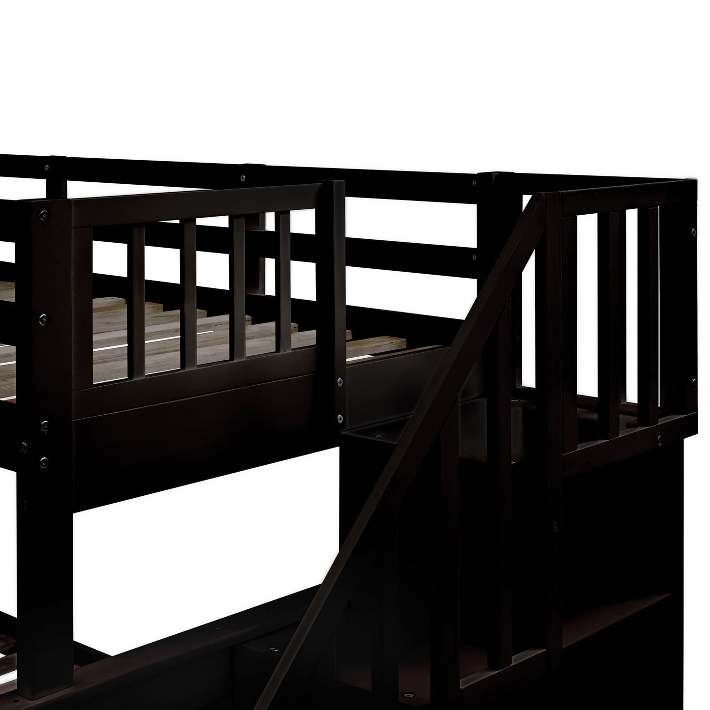 Dark wood bunk bed with safety rails and stairs