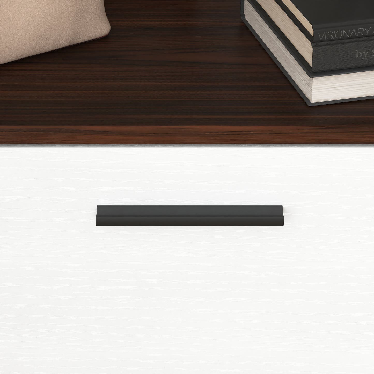 Modern black bar pull drawer handle on white cabinet