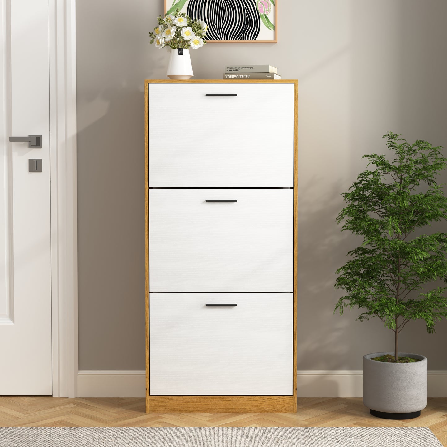Slim threedrawer white and wood entryway shoe cabinet with black handles