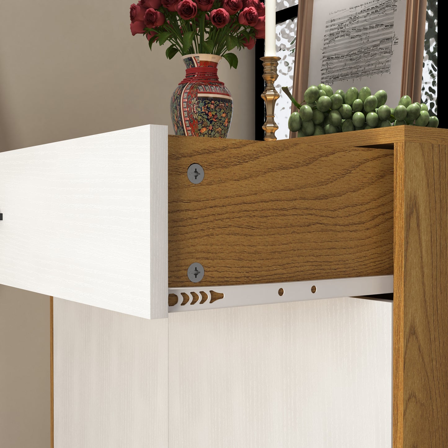 White and wood grain drawer with brass accents