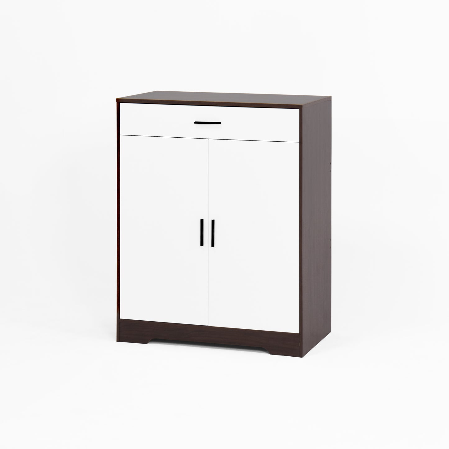 Modern white twodoor cabinet with single drawer and dark wood accents