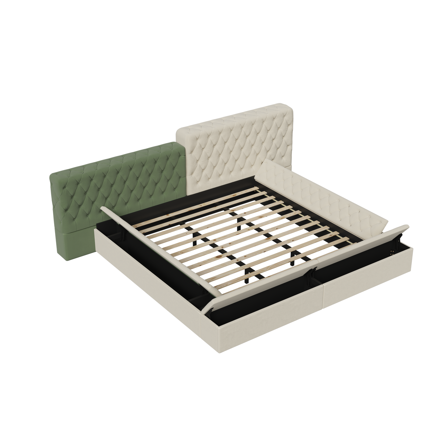 Tufted beige storage bed frame with a green headboard