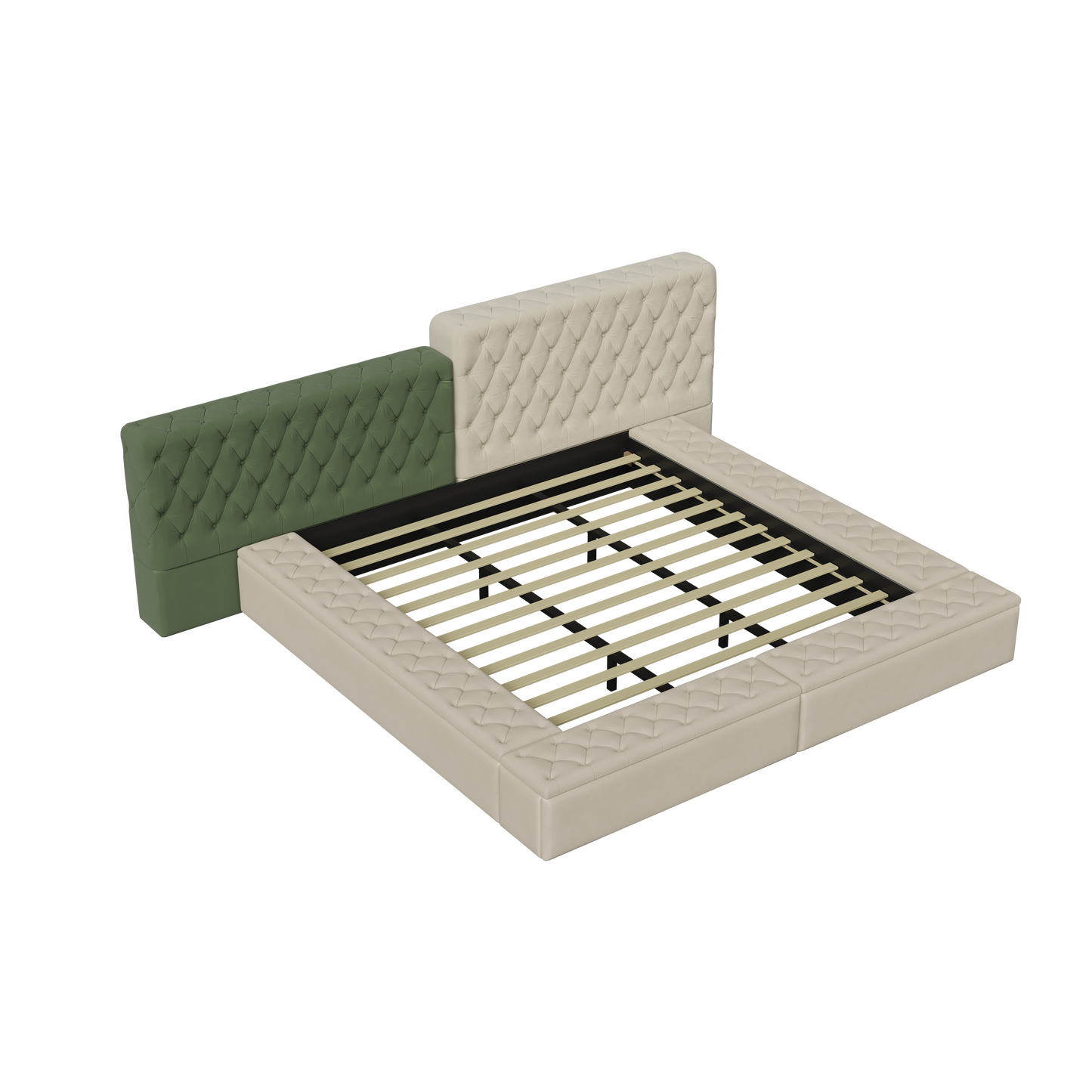 Tufted cream upholstered bed frame with a removable green headboard