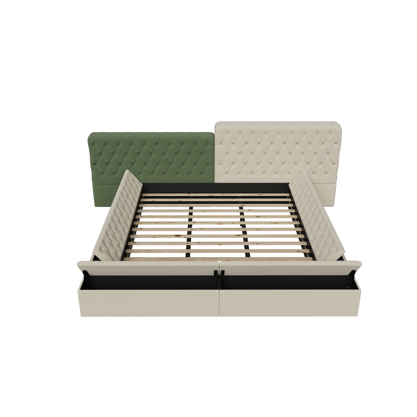 Cream tufted storage bed frame with wooden slats and open storage compartments